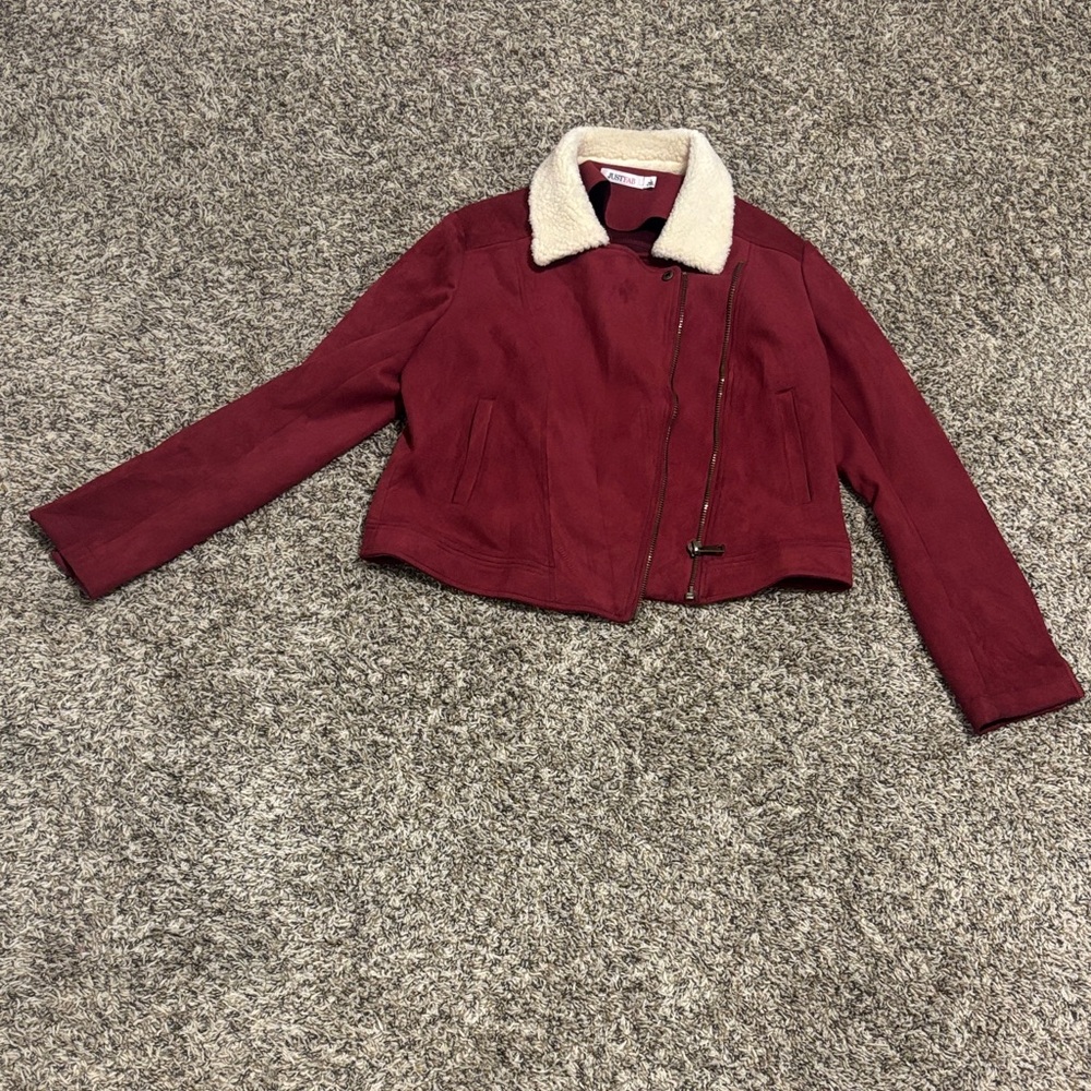 JustFab Burgundy Teddy Jacket with Cream Collar